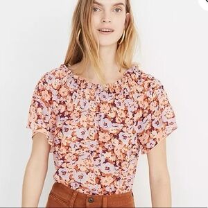 Madewell Smocked Mock Neck Floral Sheer Blouse Size Small